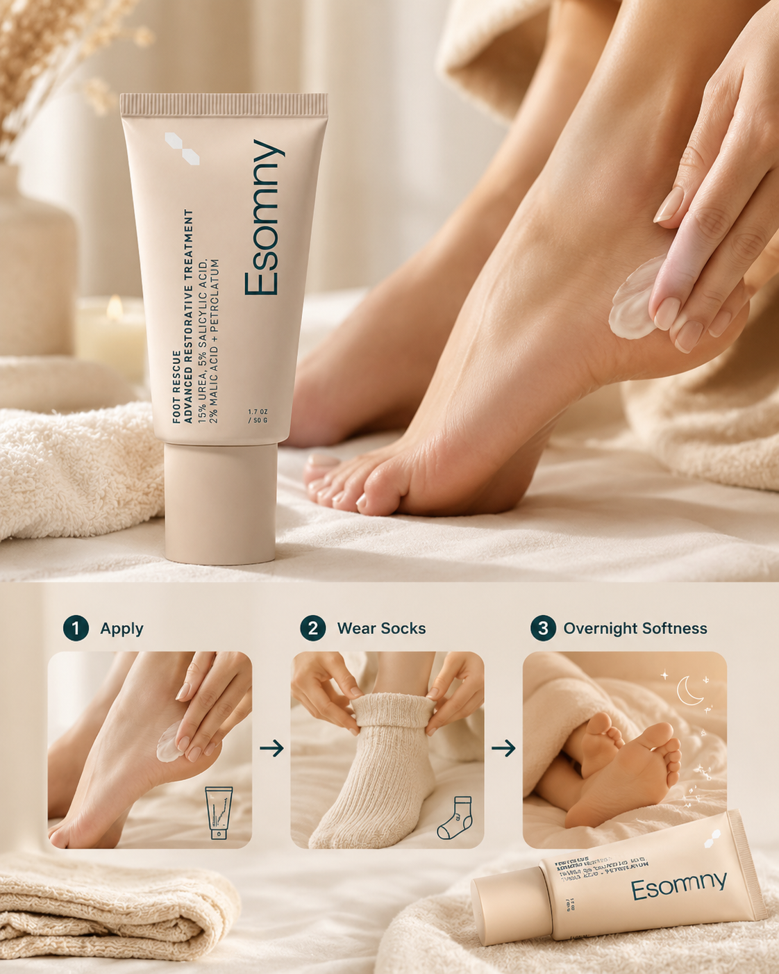 Esomny™ Foot Rescue Ointment Dry, Rough, Cracked Feet? Give Them the Overnight Rescue They Need.