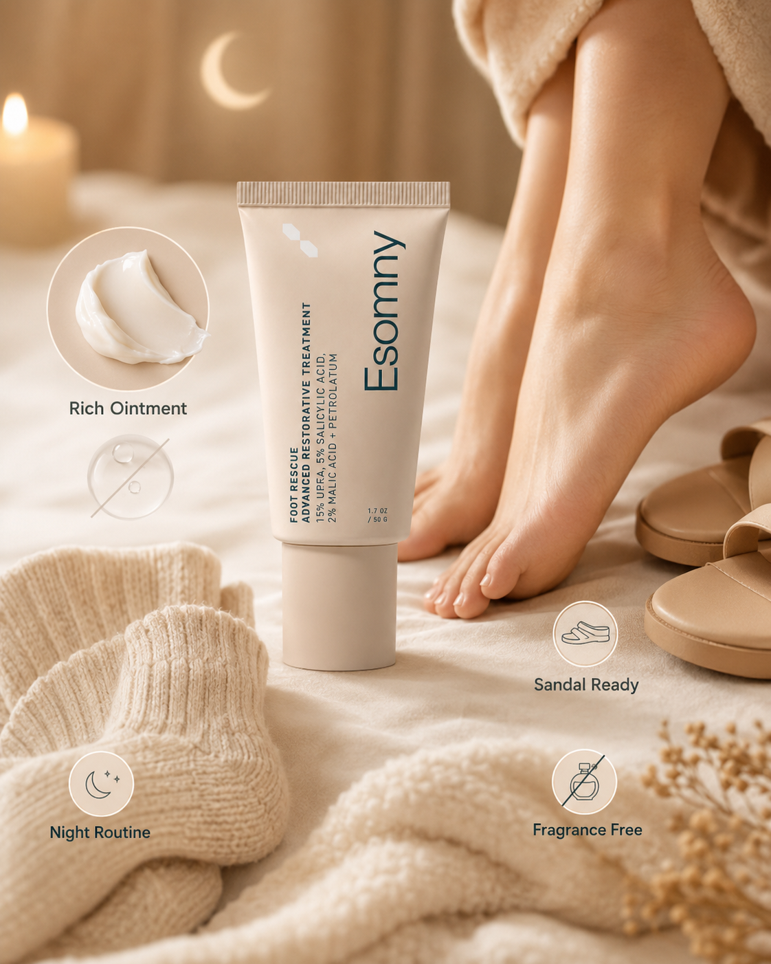 Esomny™ Foot Rescue Ointment Dry, Rough, Cracked Feet? Give Them the Overnight Rescue They Need.