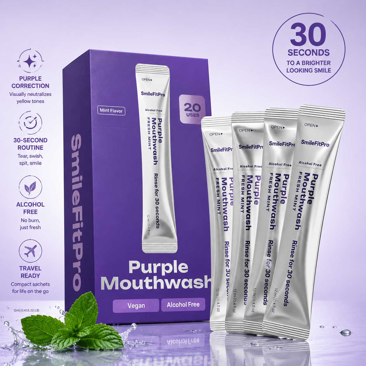 Purple Mouthwash - Sachets 10 Pack - Peroxide-Free - Alcohol Free - Vegan Mint